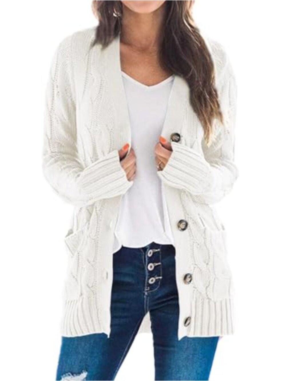 Cable Knit Cardigan Sweater with Pockets, Acrylic, Button Down